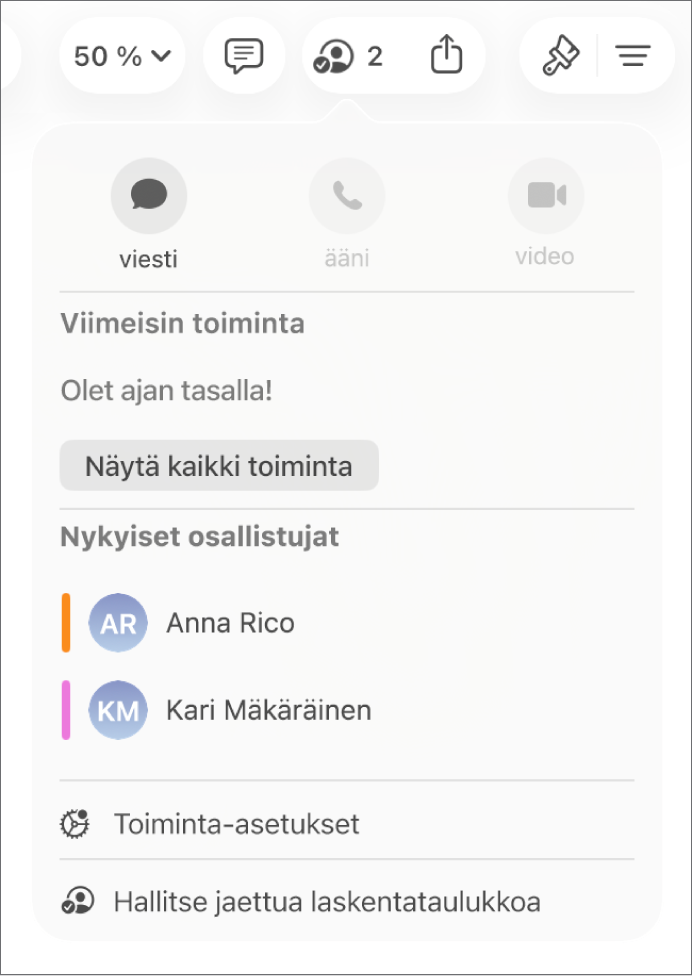 Yhteistyö-valikko, jossa on näkyvissä laskentataulukon parissa yhteistyötä tekevien käyttäjien nimet.