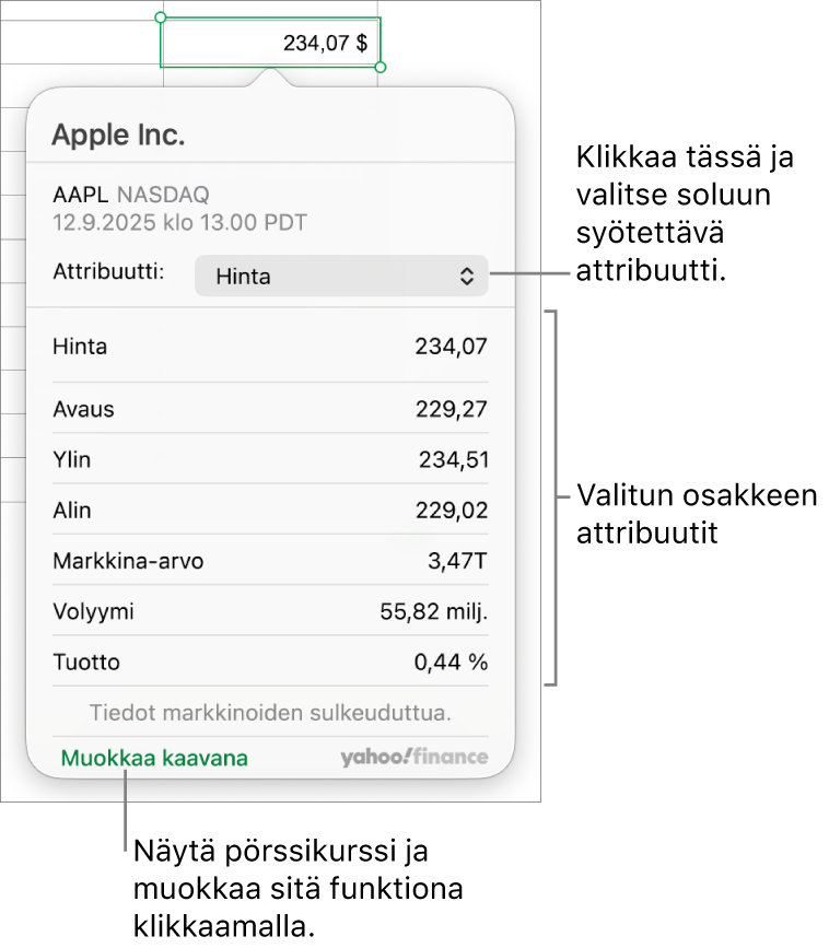 Osakkeen attribuuttitietojen syöttämisen valintaikkuna, jossa osakkeeksi on valittu Apple.
