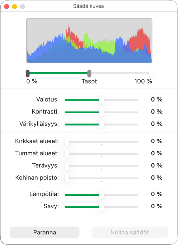 Säädä kuvaa -ikkuna, jossa on liukusäätimiä valotuksen, kontrastin, kylläisyyden, korostusten, varjojen, terävyyden, kohinan poiston, lämpötilan ja sävyn asettamiseen.