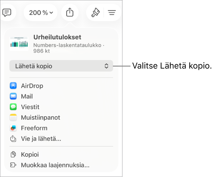 Jaa-valikko, jossa on ylhäällä valittuna Lähetä kopio.
