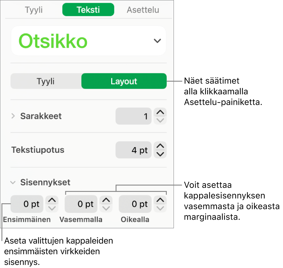 Muoto-sivupalkin Asettelu-osio, jossa näkyy säätimiä ensimmäisen rivin sisennyksen tai kappalemarginaalien asettamiseen.