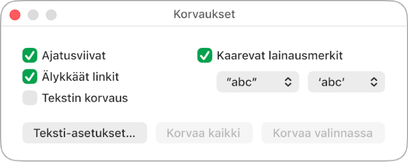 Korvaukset-ikkuna.