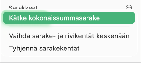 Lisäkenttävalinnat ‑valikko, jossa näkyvät säätimet kokonaissummien kätkemiseen, sarake- ja rivikenttien vaihtamiseen keskenään ja kenttien tyhjentämiseen.