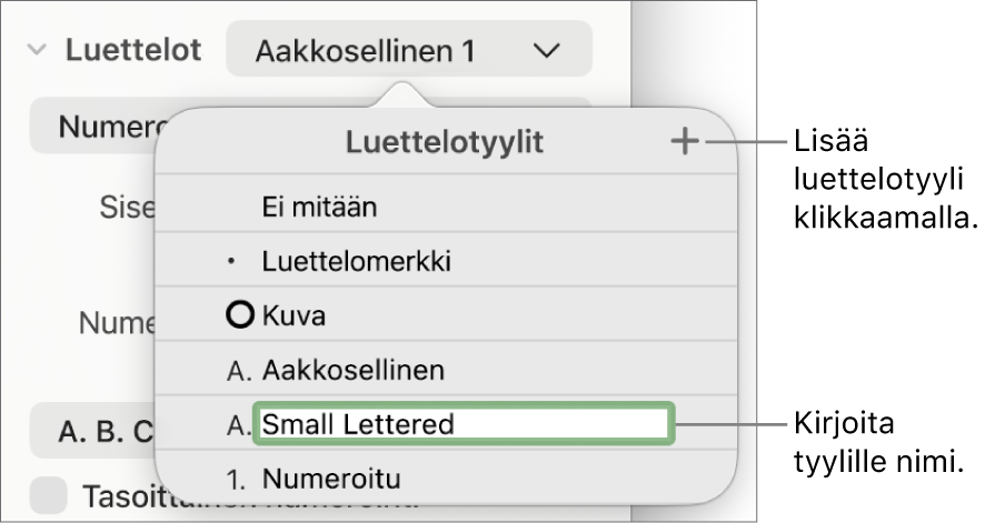 Luettelotyylit-ponnahdusvalikko, jossa oikeassa yläkulmassa on lisäyspainike ja paikanvaraajatyylin nimi, jonka teksti on valittuna.