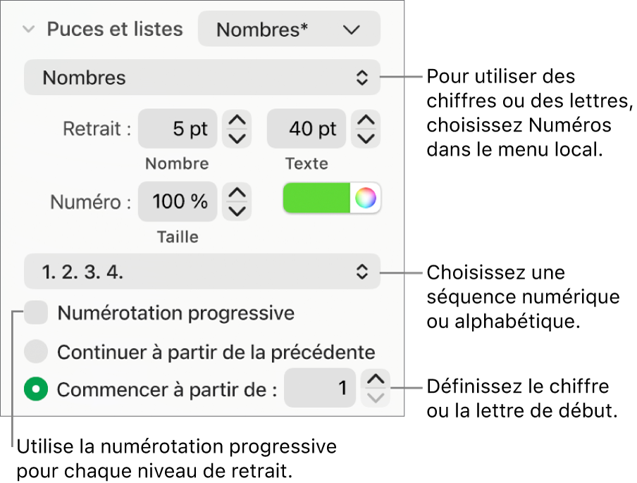 Commandes de modification du style de numérotation et de l’espacement d’une liste.