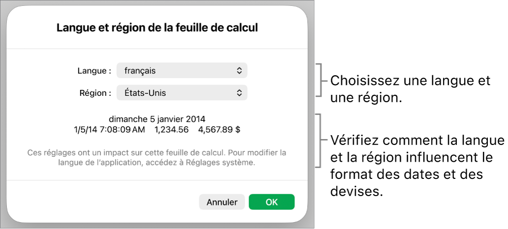 Sous-fenêtre Langue et région avec les commandes pour la langue et la région, et un exemple du format qui comprend la date, l’heure, les décimales et la devise.