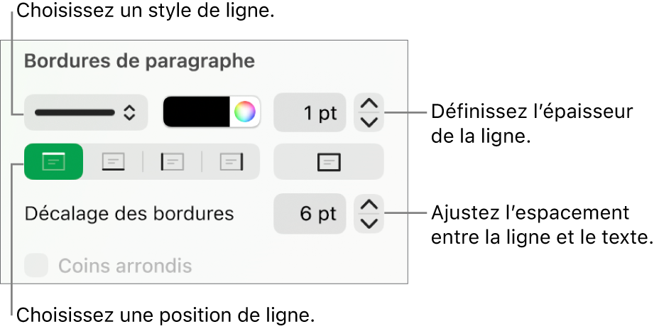 Commandes permettant de modifier le style, l’épaisseur, la position et la couleur de la ligne.