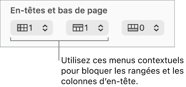 Menus contextuels permettant d’ajouter des colonnes et rangées d’en-tête et de bas de tableau, et de bloquer les rangées et colonnes d’en-tête