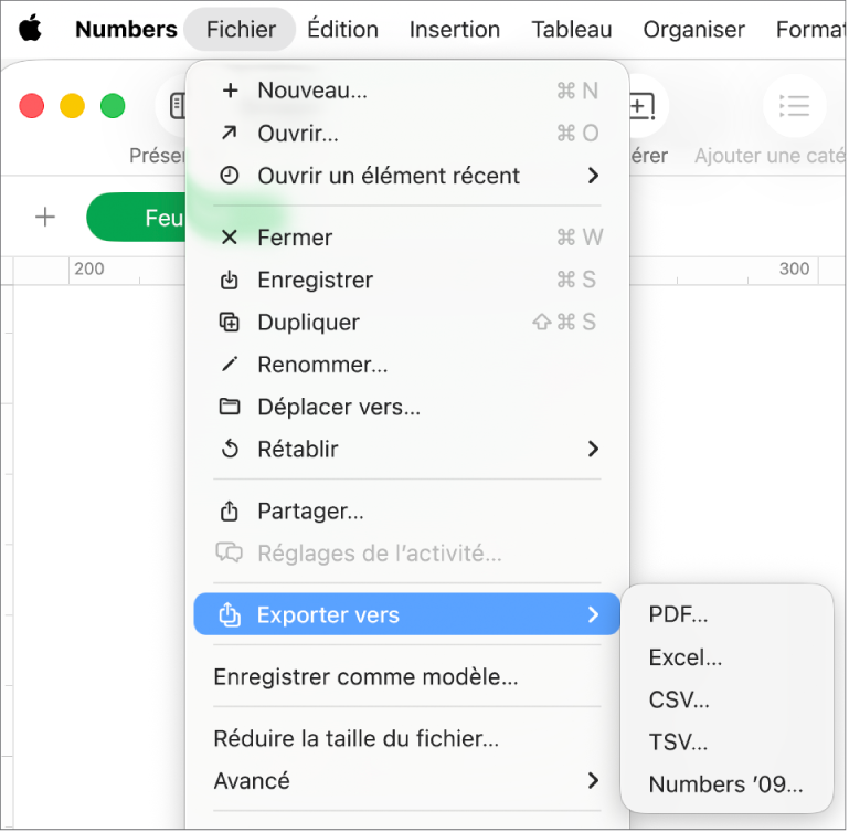 Menu Fichier ouvert avec l’option Exporter vers sélectionnée et le sous-menu correspondant qui affiche les options d’exportation aux formats PDF, Excel et CSV.