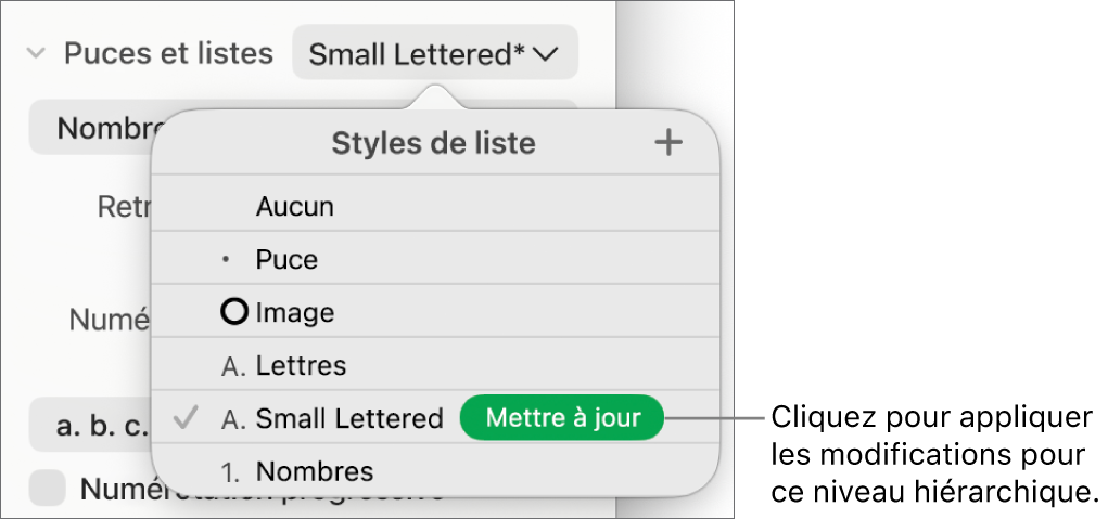 Menu contextuel Styles de liste avec un bouton Mettre à jour situé à côté du nom du nouveau style.