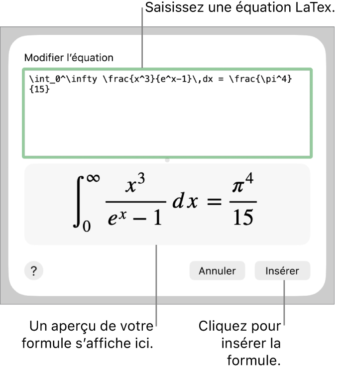 Formule quadratique composée à l’aide du langage LaTeX dans le champ Équation et aperçu de la formule en bas.