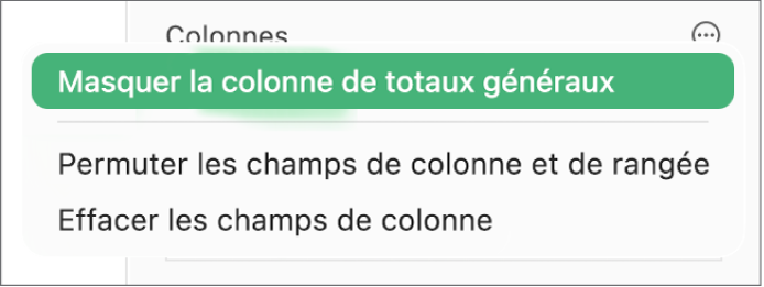 Menu Options de champ avec commandes permettant de masquer les totaux généraux, de permuter les champs de colonne et de rangée et d’effacer des champs.