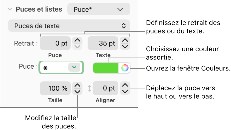 Section Puces et listes accompagnée des légendes des commandes pour le retrait des puces et du texte, la couleur des puces, leur taille et leur alignement.
