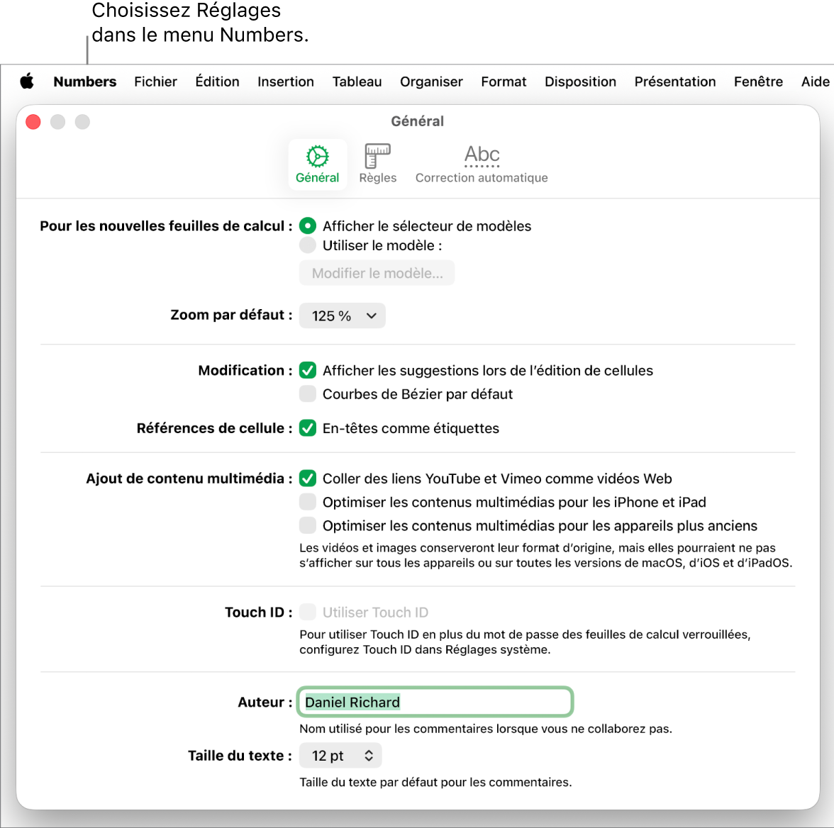 Fenêtre des réglages de Numbers ouverte à la sous-fenêtre Général avec les réglages pour les nouvelles feuilles de calcul, le zoom par défaut, les modifications, les références de cellule, les équations, l’ajout de contenu multimédia, Touch ID, le nom de l’auteur et la taille du texte par défaut.