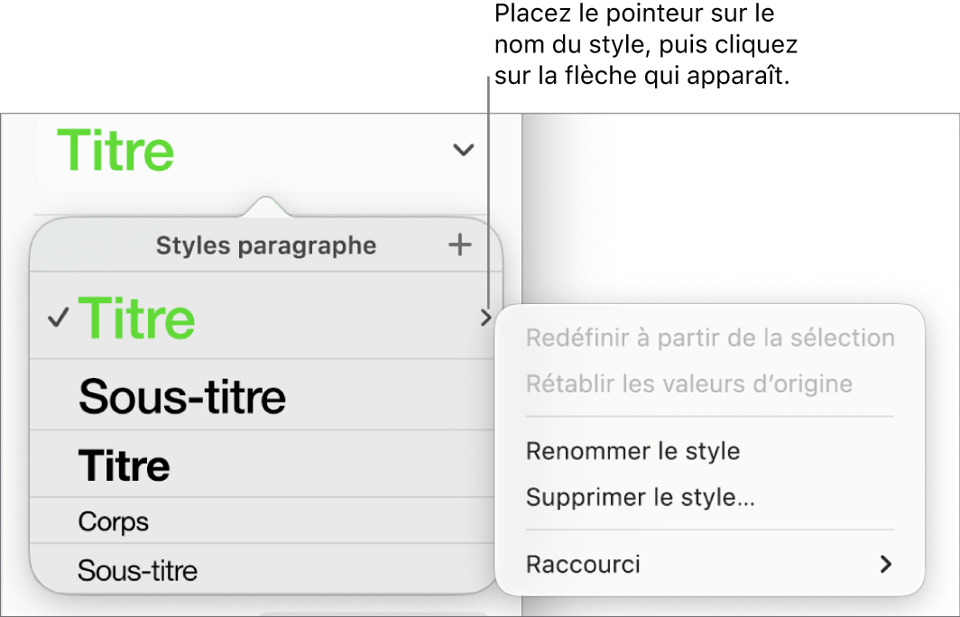 Le menu Styles de paragraphe avec le menu contextuel ouvert.