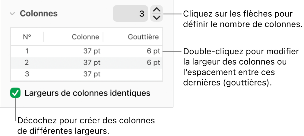 Commandes de la section Colonnes permettant de modifier le nombre de colonnes et leurs largeurs.