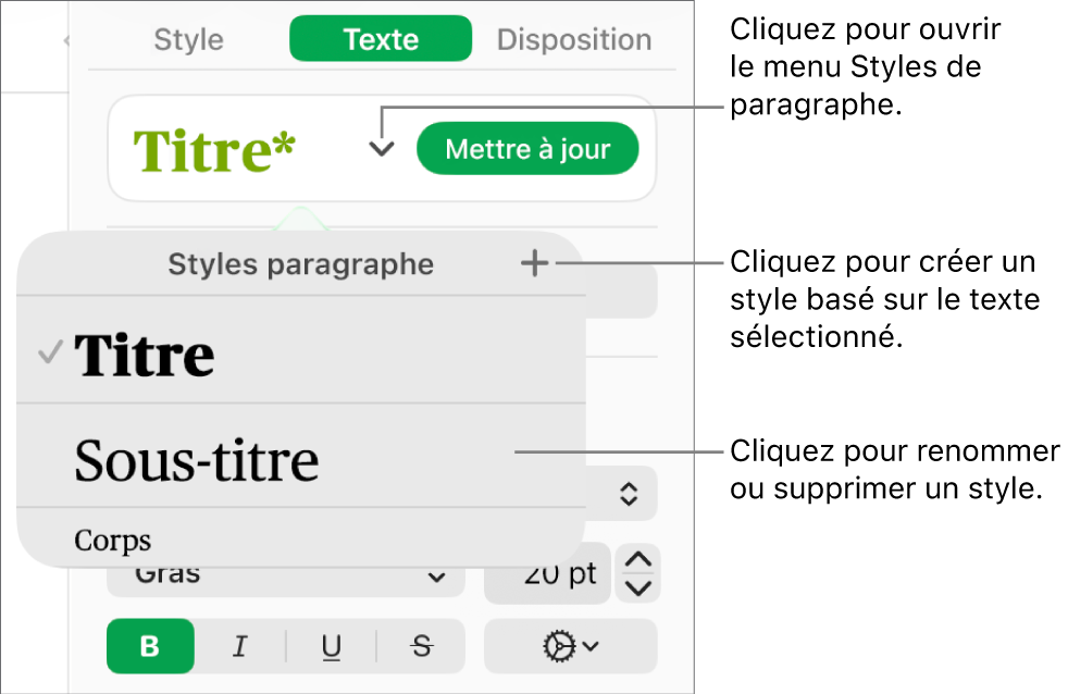 Le menu Styles de paragraphe, affichant des commandes pour ajouter ou modifier un style.