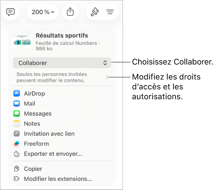 Le menu Partager avec l’option Collaborer sélectionnée dans le haut, au-dessus des réglages d’accès et d’autorisation.