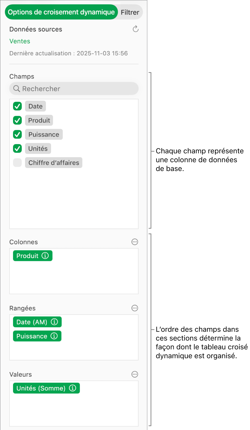 Menu Options de croisement dynamique avec des champs dans les sections Colonnes, Rangées et Valeurs, ainsi que des commandes pour modifier les champs et actualiser le tableau croisé dynamique.