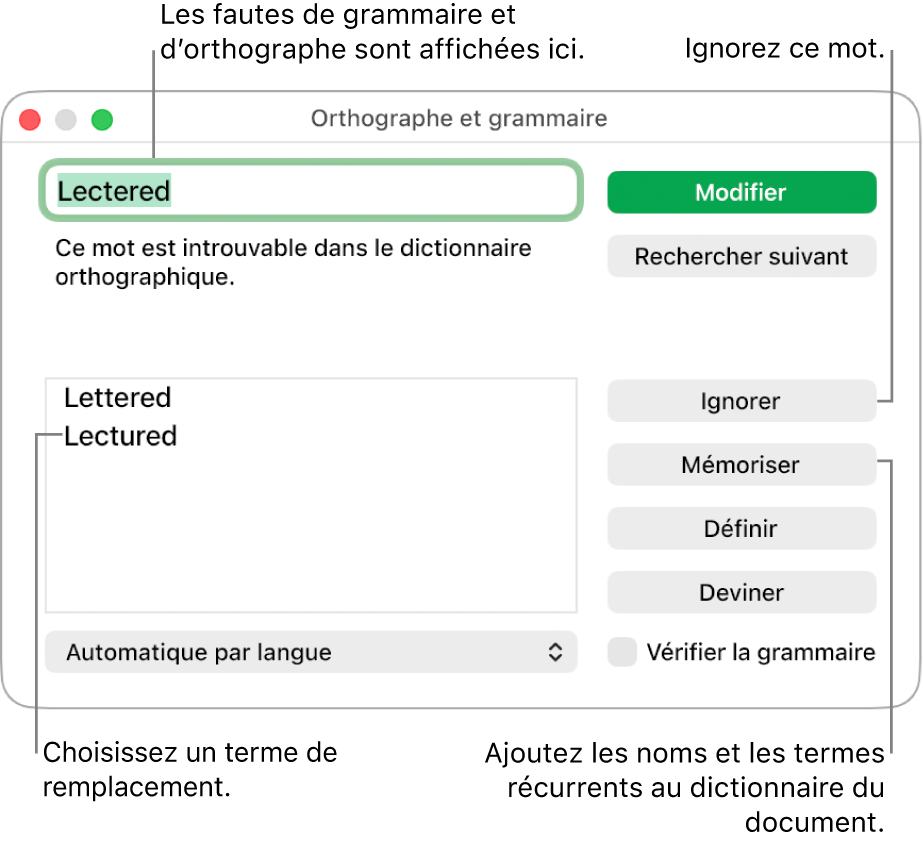 La fenêtre Orthographe et grammaire.