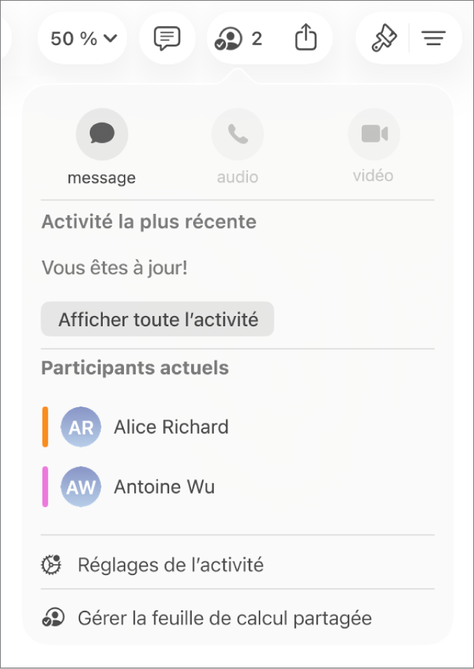 Le menu de collaboration affiche les noms des personnes qui collaborent dans la feuille de calcul.