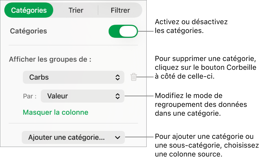 La barre latérale des catégories avec des options pour désactiver des catégories, supprimer des catégories, regrouper des données, masquer une colonne source et ajouter des catégories.