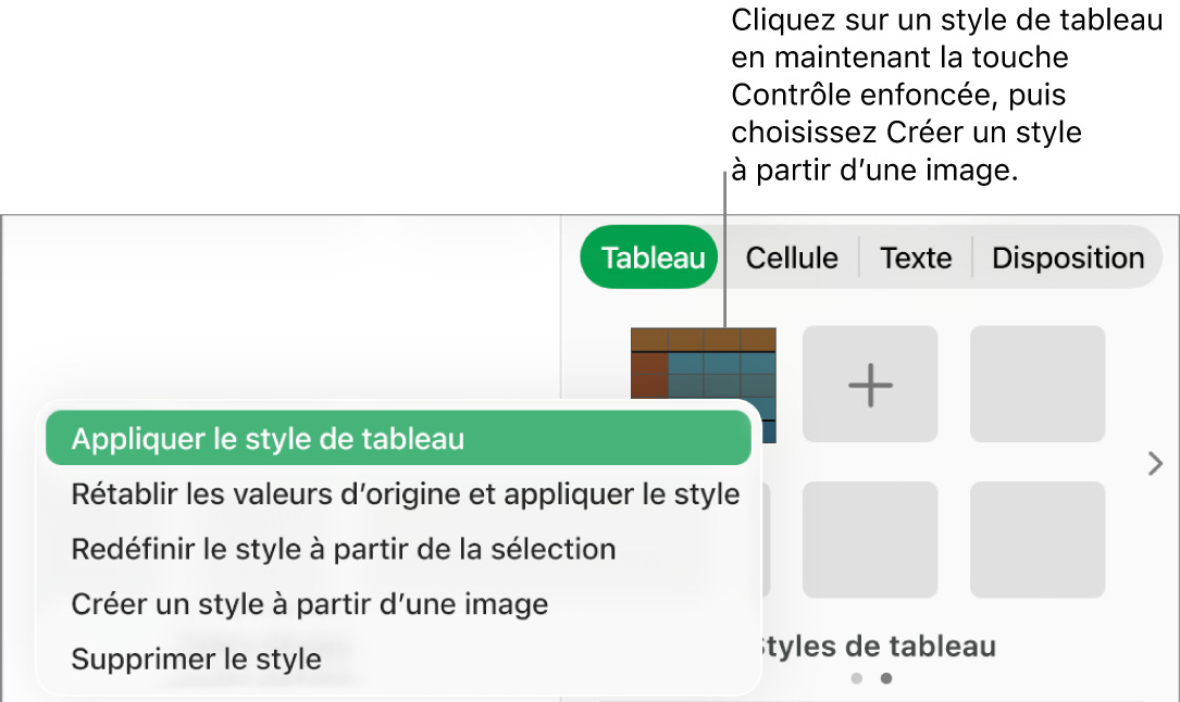 Le menu contextuel Style de tableau.
