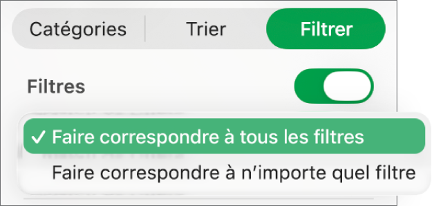 Menu contextuel permettant d’appliquer aux rangées tous les filtres ou seulement certains d’entre eux.