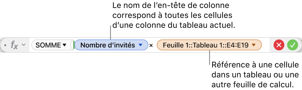 L’éditeur de formules présentant une formule faisant référence à une colonne d’un tableau et à une cellule d’un autre tableau.