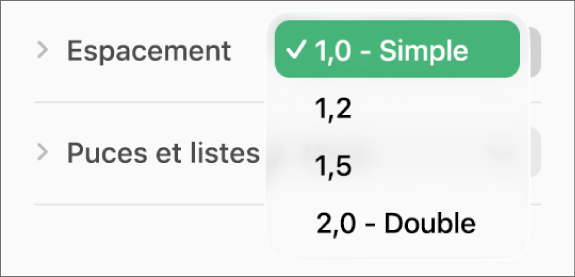 Le menu contextuel Espacement, avec les options Simple, Double et d’autres.