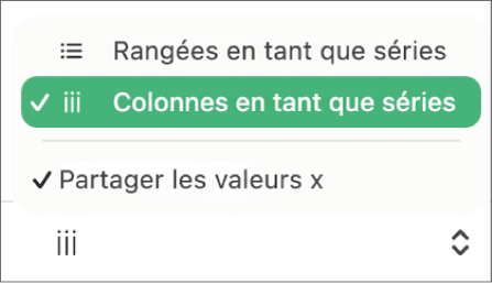 Menu contextuel permettant de choisir de tracer les rangées ou les colonnes sous forme de séries.