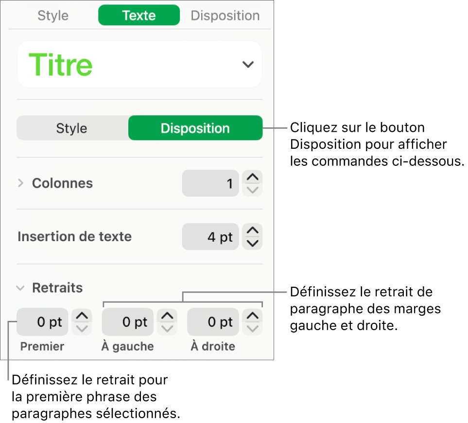 La section Disposition de la barre latérale Format, présentant les commandes définissant le retrait de première ligne et les marges de paragraphe.