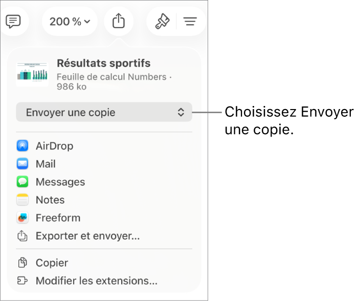 Le menu Partager avec l’option Envoyer une copie sélectionnée dans le haut.