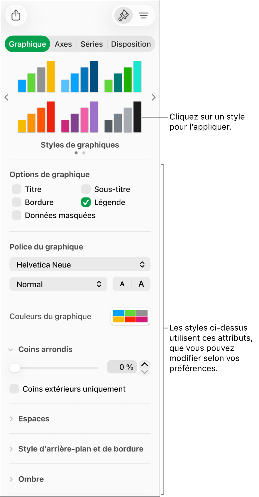 Barre latérale de mise en forme avec les commandes permettant de mettre en forme les graphiques.