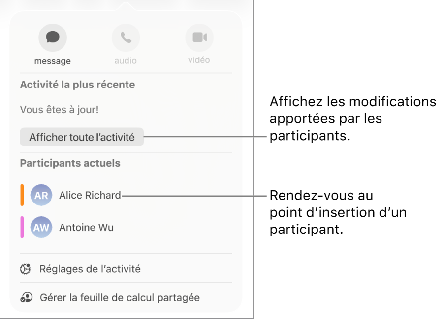 Le menu de collaboration avec deux participants actuels dans la liste.