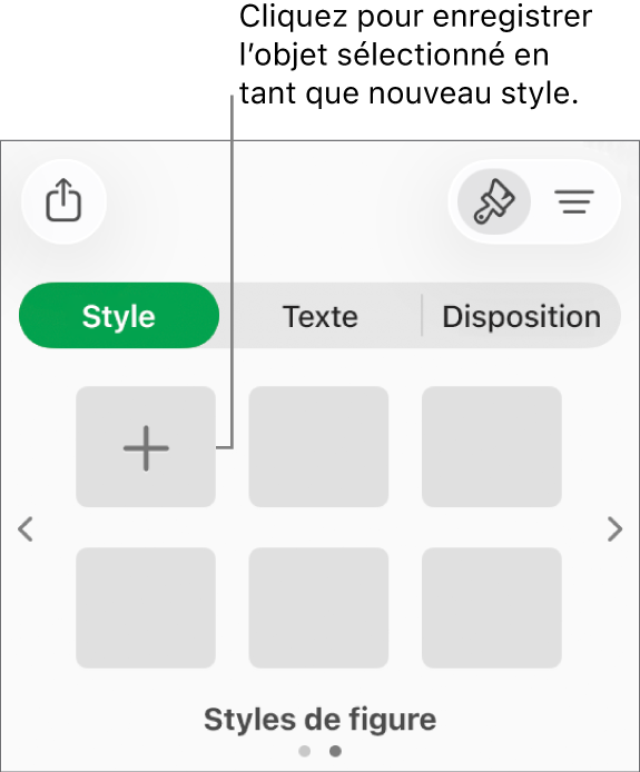 L’onglet Style de la barre latérale Format avec quatre styles d’image, un bouton Créer un style et un style de paramètre fictif vide.