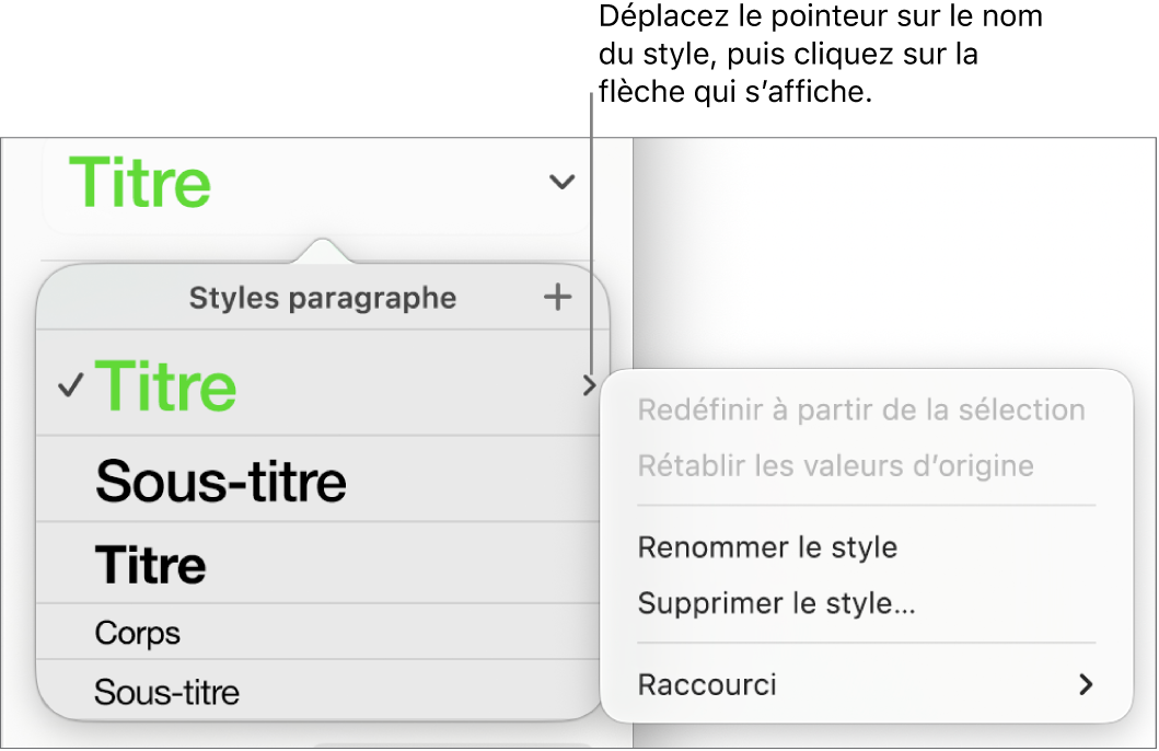 Le menu « Styles de paragraphe » avec le menu contextuel ouvert.