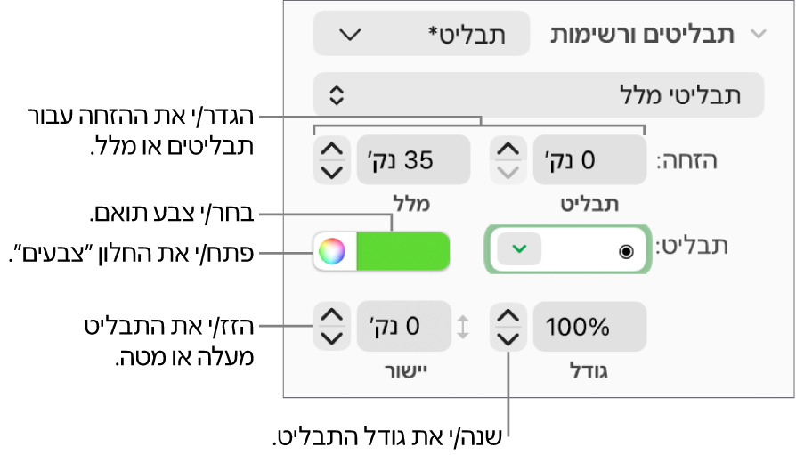 המקטע ״תבליטים ורשימות״ עם הסברים לגבי הפקדים של הזחת תבליט ומלל, צבע תבליט, גודל תבליט ויישור.