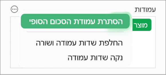 התפריט ״אפשרויות שדה נוספות״ שבו מוצגים הפקדים להסתרת הסכומים הסופיים, החלפה בין שדות העמודה והשורה וניקוי שדות.