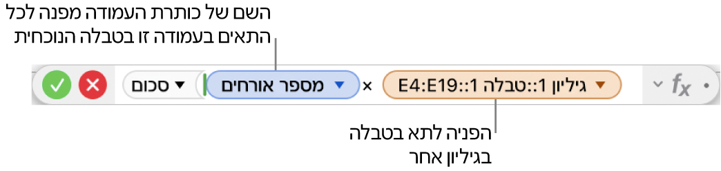 עורך הנוסחאות מציג נוסחה המפנה לעמודה בטבלה אחת ולתא בטבלה אחרת.