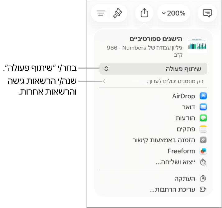 תפריט השיתוף כאשר האפשרות ״שיתוף פעולה״ נבחרת בחלק העליון ומתחתיה הגדרות הגישה וההרשאות.