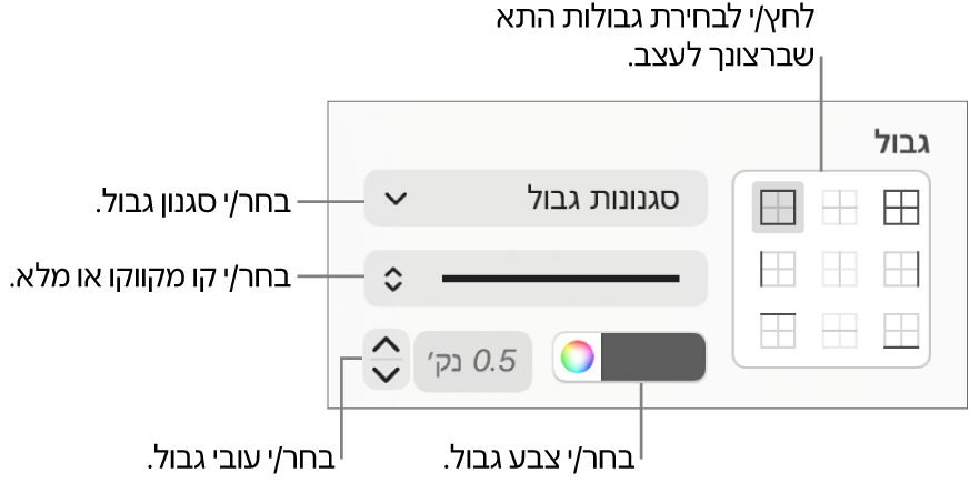 כלי בקרה להגדרת סגנון עבור גבולות תאים.