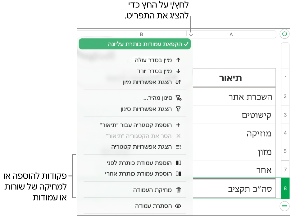 התפריט עמודות טבלה עם פקודות להוספה או מחיקה של שורות ועמודות.
