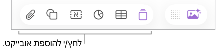 החלון של Numbers עם הסברים לכפתורי האובייקטים בסרגל הכלים.