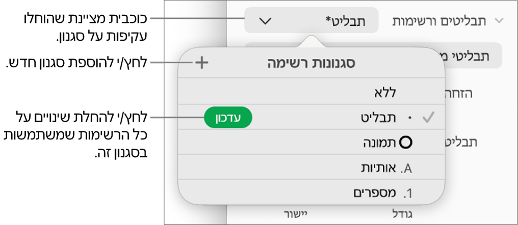 התפריט הקופצני ״סגנונות רשימה״ עם כוכבית המציינת החלפה, עם הסבר לכפתור ״סגנון חדש״ ועם תפריט משנה שמכיל אפשרויות לניהול סגנונות.
