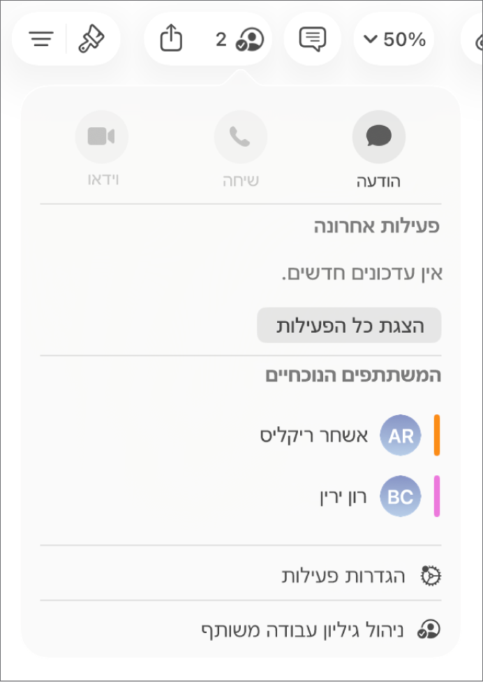 תפריט ״שיתוף פעולה״ מראה את שמות האנשים המשתפים פעולה בעבודה על גיליון העבודה.