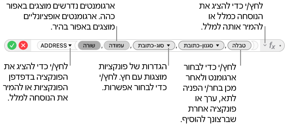 ״עורך הנוסחאות״ מציג את הפונקציה ADDRESS ואת אסימוני הארגומנטים שלה.
