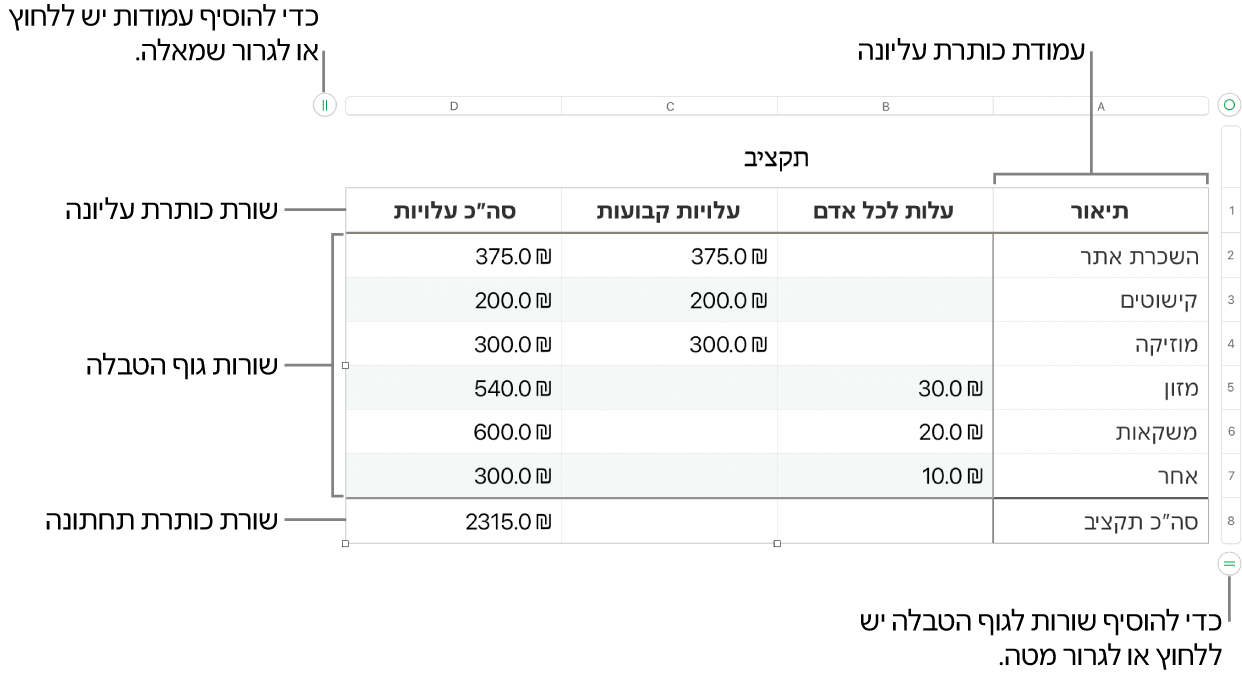 טבלה עם שורות ועמודות כותרת עליונה, גוף טבלה וכותרת תחתונה ועם ידיות אחיזה להוספה או מחיקה של שורות או עמודות.
