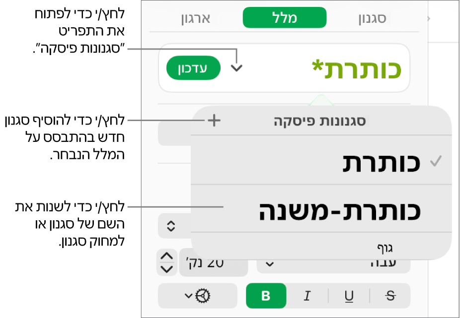 התפריט ״סגנונות פיסקה״, מציג כלי בקרה להוספה או שינוי של סגנון.