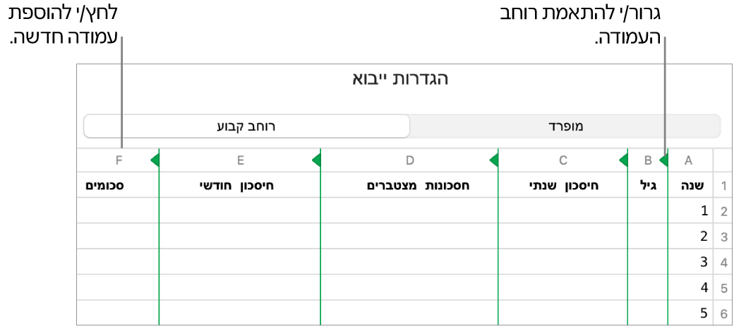 הגדרות הייבוא עבור קובץ מלל ברוחב קבוע.